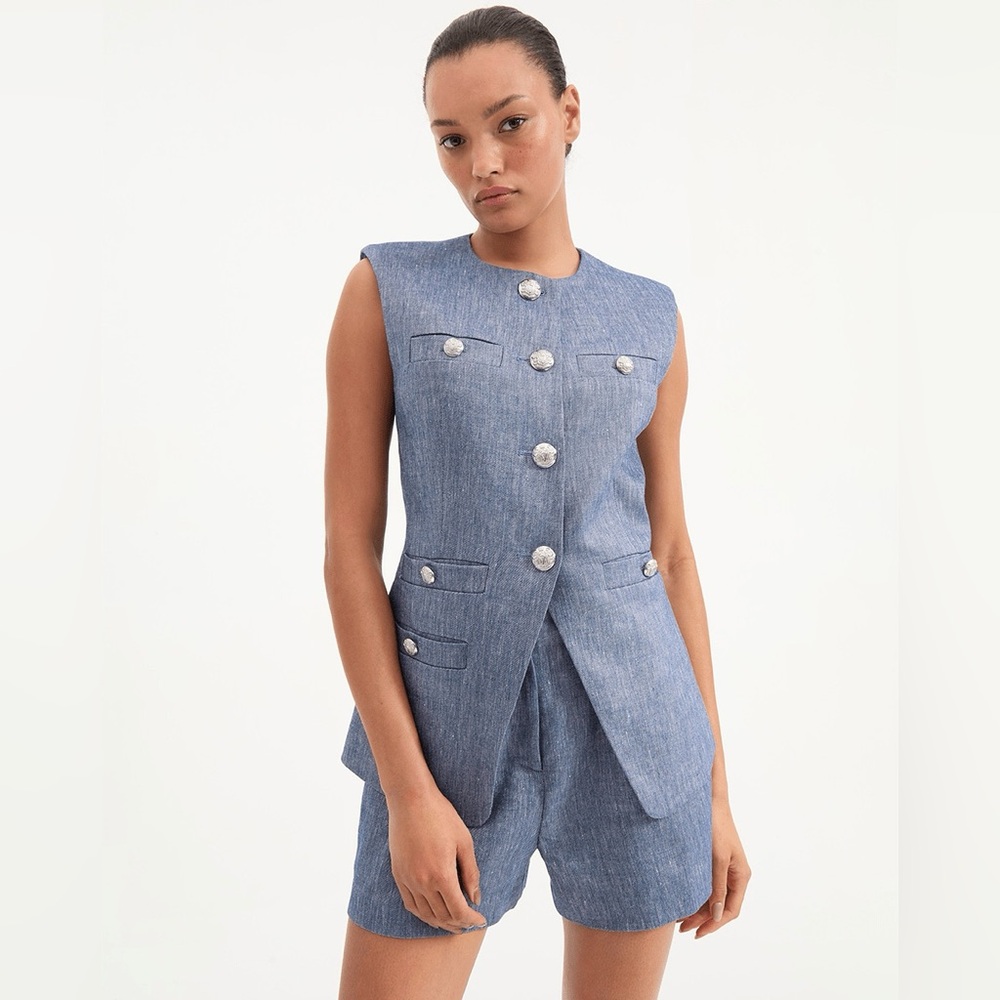 NEW! Veronica Beard Tamara Linen Blend Vest Button Front Denim Blue Melange 00